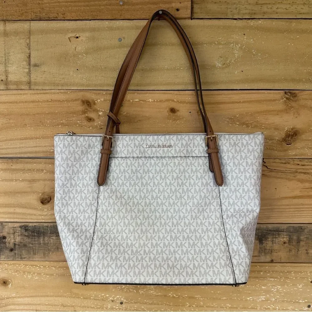 NWOT Michael Kors Ciara Vanilla & Tan Large TZ Tote Leather Bag Top Zip Logo